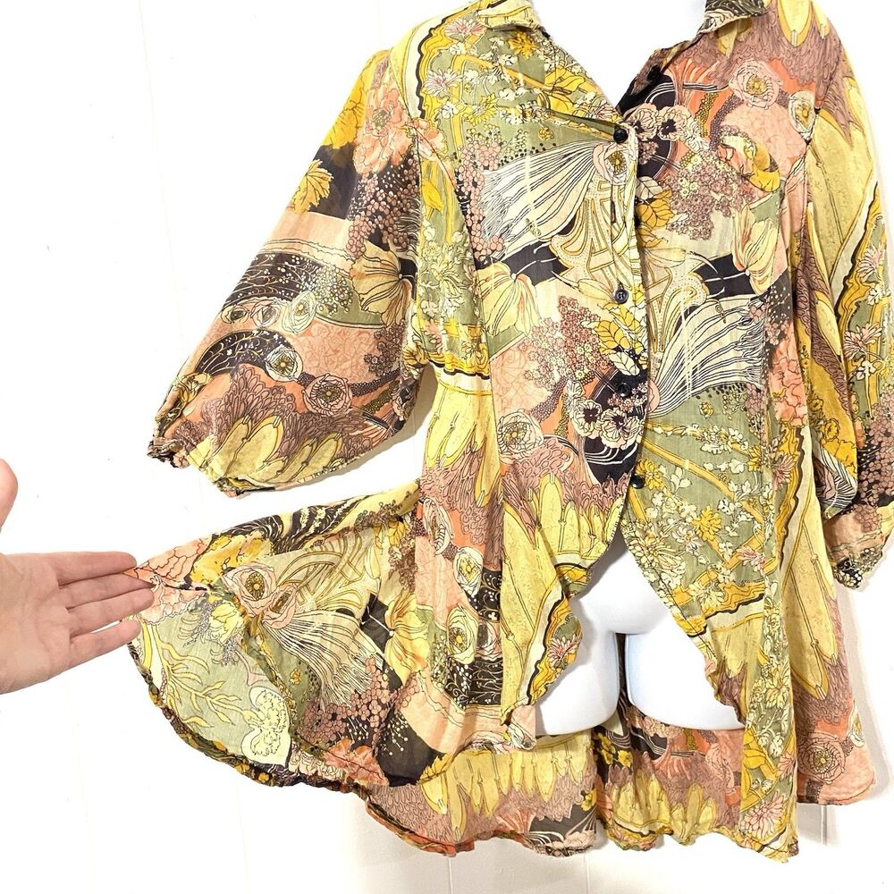 Vtg FREE & EASY Brand SHEER Art Nouveau Print S/M Hi-Lo Button Front ART DECO